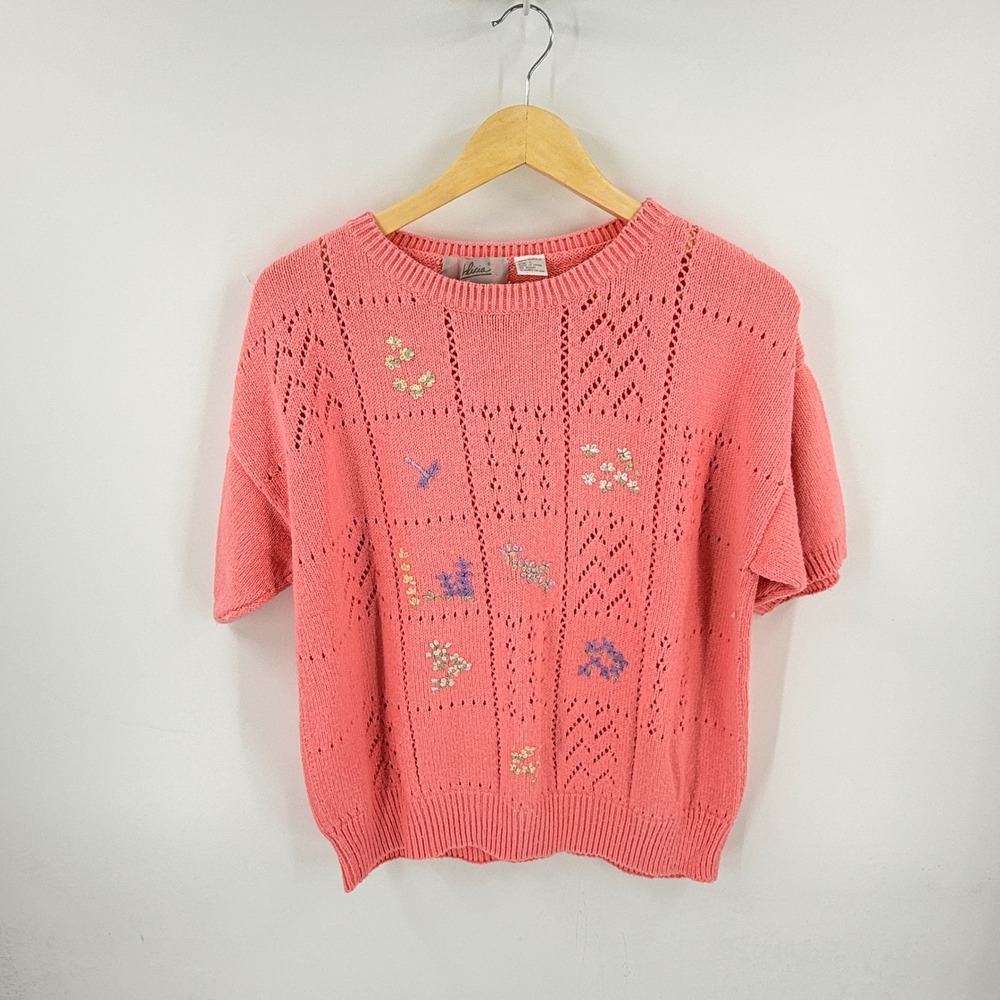 Vintage Alicia Sweater Pink XL Pointelle Floral Embroidered Knit‎ Cottage